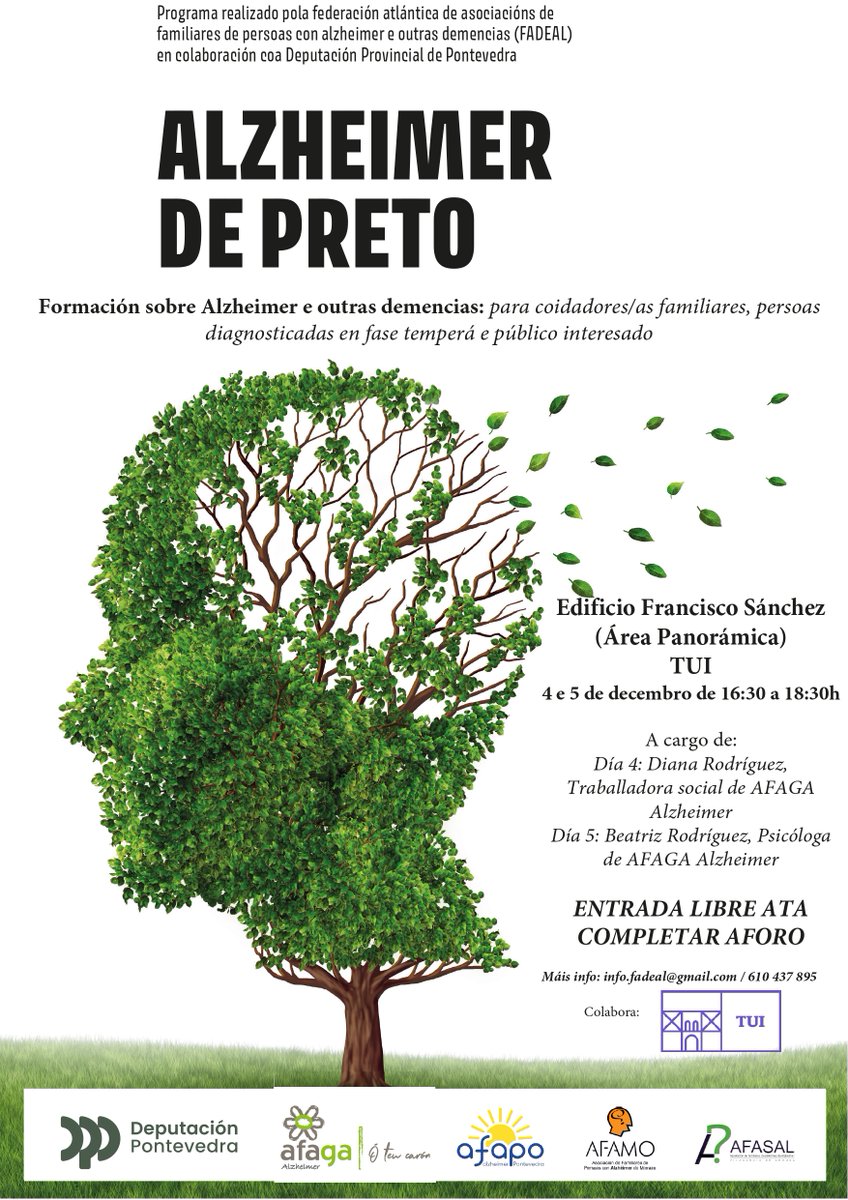 A Sala Félix Rodríguez, no edificio Francisco Sánchez, acollerá a sesión formativa sobre Alzheimer organizada por FADEAL coa colaboración da <a href="/depo_es/">Deputación Pontevedra</a> e a colaboración do <a href="/Concellotui/">Concello de Tui</a>.
 🗓️ Mércores 4 e xoves 5 de 16.30 a 18.30 h