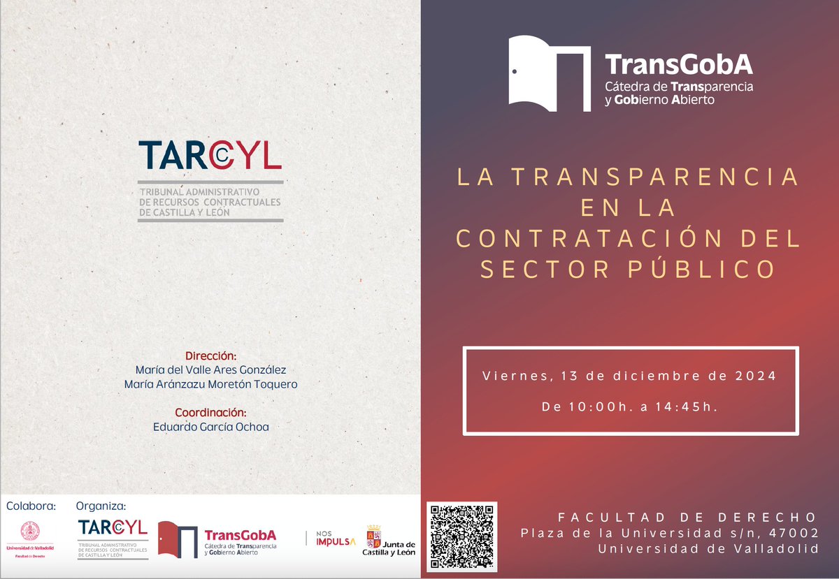 📢 TransGobA organiza en la Facultad de Derecho la jornada "La transparencia en la contratación del sector público". Contaremos con expertos en acceso a la información y buen gobierno. 

🗓️ 13 de diciembre a las 10h. ¡No te lo pierdas!

#Transparencia #ContrataciónPública