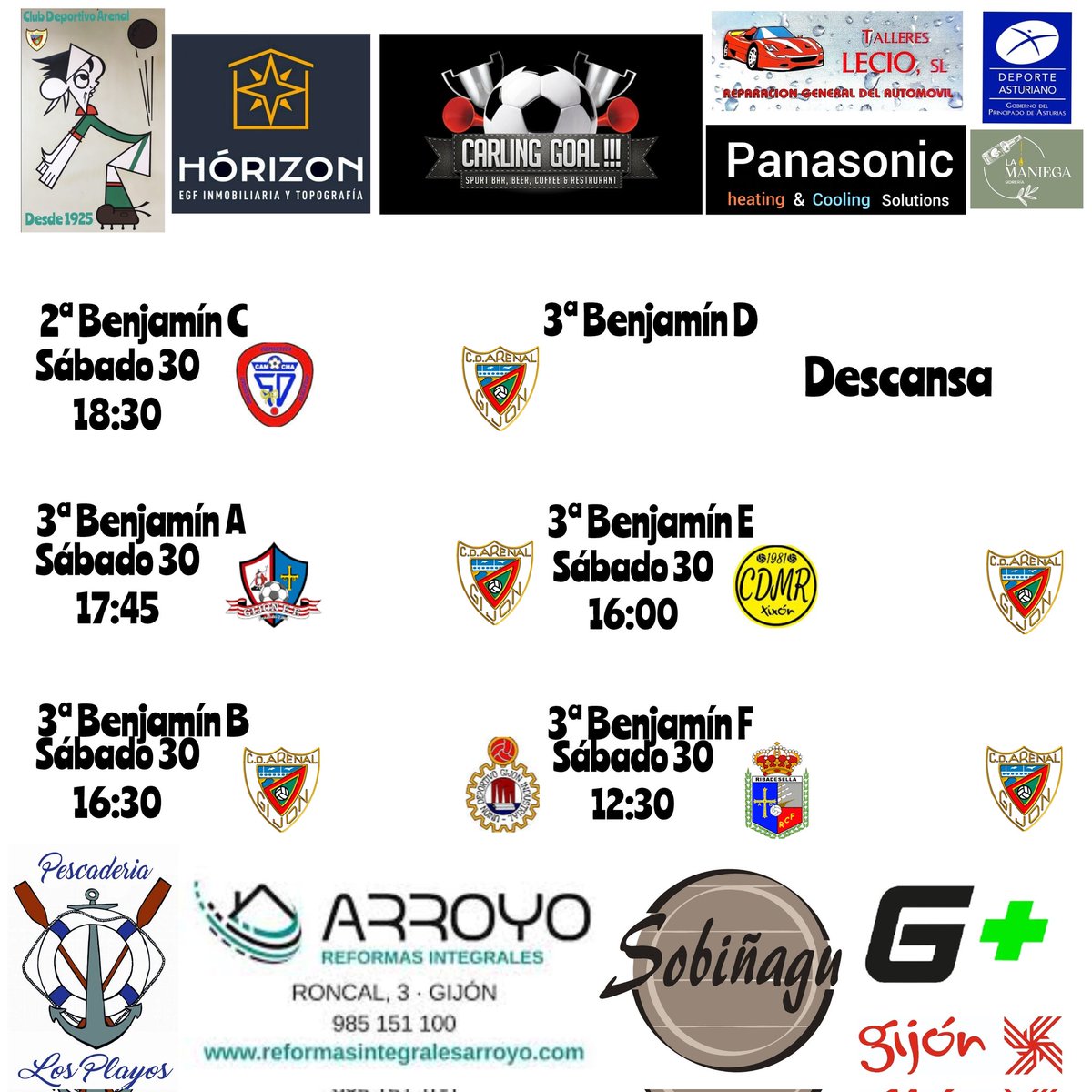 Tabla con los partidos de nuestros equipos de fútbol sala para el próximo fin de semana.