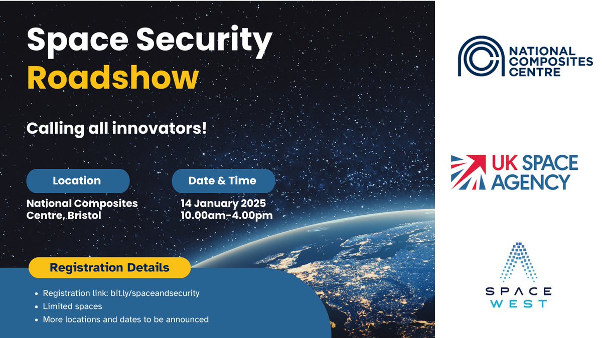 The Space Security Roadshow is launching!

Join us at National Composites Centre in Bristol on 14 January to explore risks in the space sector, collaborate with experts, &amp; build resilience.

We’re coming to locations nationwide - find out more &amp; register: bit.ly/3ZtSx1j