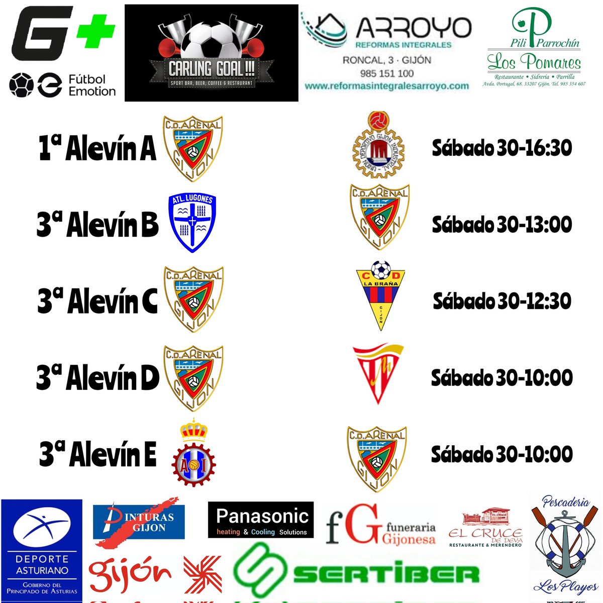 Tabla con los partidos de nuestros equipos de campo  para el próximo fin de semana.