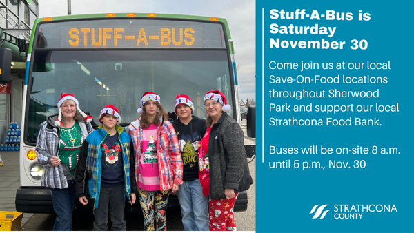 StrathcoCounty's tweet photo. Saturday, November 30th is 30 years of Stuff-a-Bus!
Please come and join us at our local Save-On-Foods locations throughout Sherwood park and support our local  Strathcona Food Bank.
8 a.m. - 5 p.m. Nov. 30 https://t.co/CLFM2X56Vz