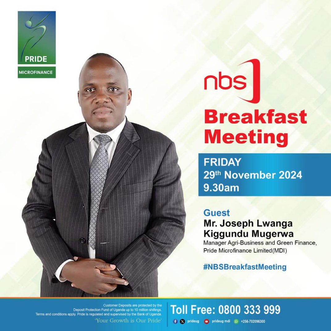 kingFahad_17's tweet photo. Tomorrow’s #NBSBreakfastMeeting will be hosting Mr. Joseph Lwanga Kiggundu Mugerwa, Manager of Agri-Business &amp; Green Finance at Pride Microfinance 
Time: 9:30 AM! Tune in📺 https://t.co/x5DZSFnQ2j