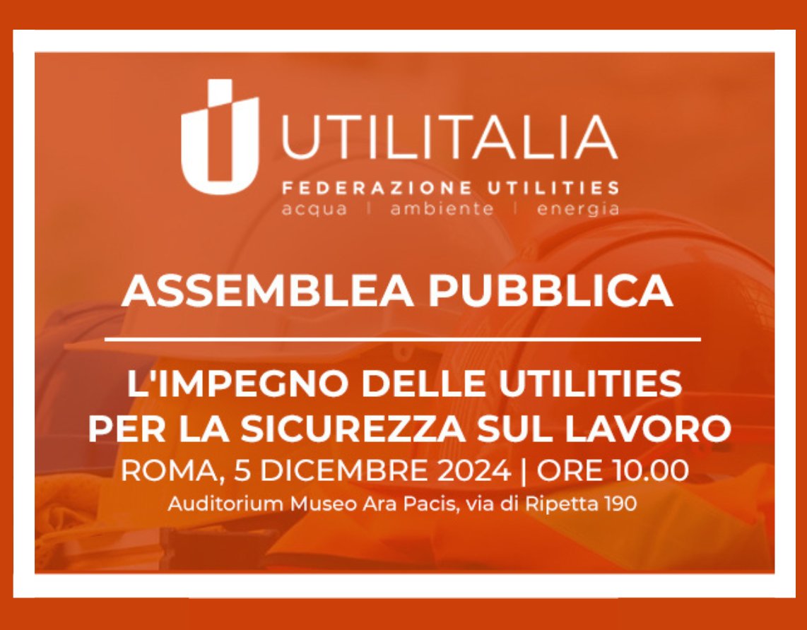 UTILITALIA's tweet photo. #SaveTheDate 📅 5 dicembre 2024 🕙 ore 10:00
📍Auditorium Museo Ara Pacis, Assemblea Pubblica #Utilitalia
✅"𝐋'𝐢𝐦𝐩𝐞𝐠𝐧𝐨 𝐝𝐞𝐥𝐥𝐞 𝐔𝐭𝐢𝐥𝐢𝐭𝐢𝐞𝐬 𝐩𝐞𝐫 𝐥𝐚 𝐬𝐢𝐜𝐮𝐫𝐞𝐳𝐳𝐚 𝐬𝐮𝐥 𝐥𝐚𝐯𝐨𝐫𝐨"
Per Iscrivervi ➡️ https://t.co/ivhb0dvMDa
Il convegno rappresenterà un'importante occasione di dialogo tra le imprese associate e le Istituzioni, offrendo spazi di riflessione e confronto su tematiche cruciali per il settore produttivo e il benessere dei lavoratori. Tra i temi centrali dell'incontro, la tutela della sicurezza e della salute dei lavoratori sarà uno degli argomenti chiave, vista l'importanza crescente di garantire ambienti di lavoro sicuri, salubri e in linea con le normative vigenti. La promozione di politiche e pratiche per prevenire infortuni e rischi sul lavoro, nonché per tutelare il benessere psicofisico dei dipendenti, è oggi una priorità condivisa, che unisce la responsabilità delle aziende con quella delle istituzioni. La giornata sarà dunque un'opportunità per raccogliere prospettive diverse e per costruire un quadro condiviso di interventi, che possa promuovere sia il benessere delle persone che il successo delle imprese, attraverso un impegno comune verso il miglioramento delle condizioni di lavoro e l'incremento delle competenze.