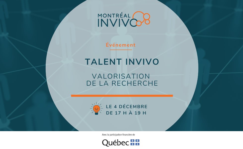 Le 4 décembre prochain, de 17h à 19h, rejoignez-nous à l’IRCM pour une édition spéciale de Talent InVivo dédiée à la valorisation de la recherche.
Talent InVivo: Promoting research
Create solid, lasting professional relationships!
Register: bit.ly/3Vf4THX