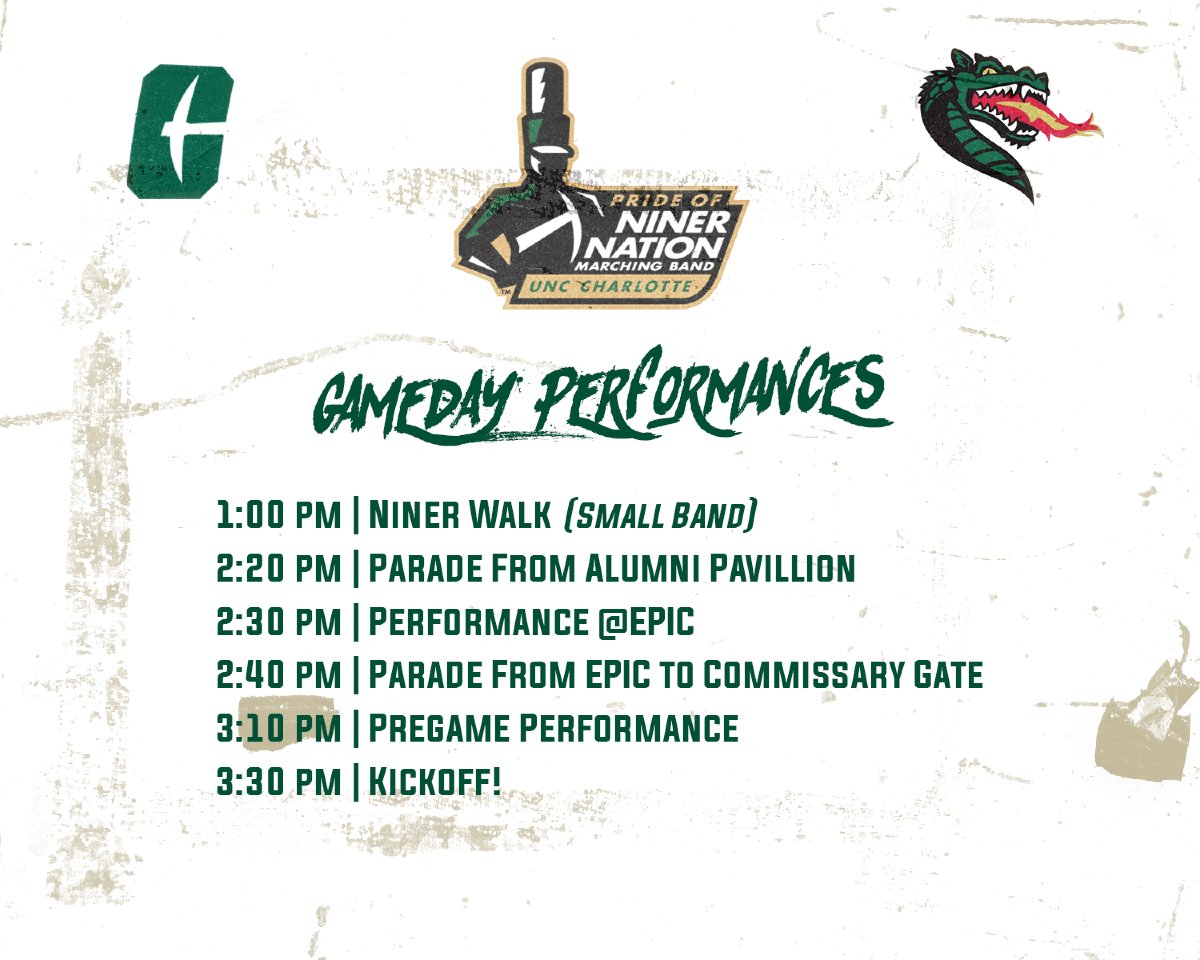 PNNMB's tweet image. Don't forget this Saturday, November 30th, @charlottefootball takes on UAB at Jerry Richardson Stadium! Come out and watch us perform! GO NINERS!