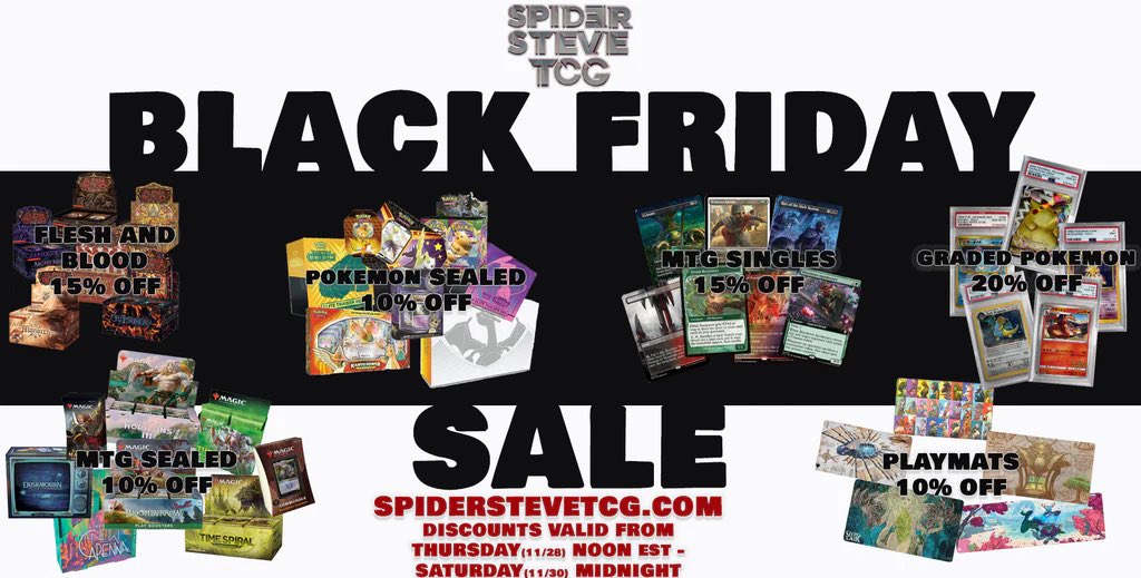 Spid3rSteve's tweet photo. Happening now until Saturday @ Midnight!
#magicthegathering #pokemontcg #fleshandblood
https://t.co/3FOFgaeGI3 https://t.co/bAiruWfVon