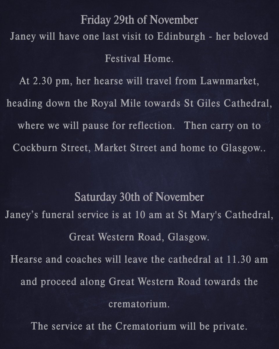 JaneyGodley's tweet image. Hello friends, Ashley here. This weekend is mum’s funeral. I’ll be heading to Edinburgh tomorrow to watch her car travel the royal mile, I’m sure I’ll see some of you there. and then on Saturday her funeral is in Glasgow. You’re all welcome. It’s what she wanted x