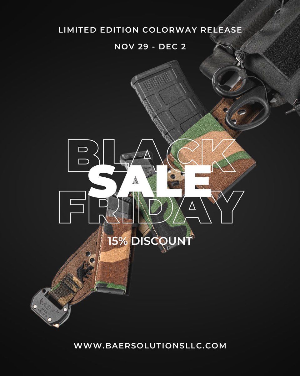 BaerSolutions's tweet image. Black Friday Sale goes live tonight at midnight, through Monday at midnight. 

15% off all Wojtek belts and we’re releasing M81 Woodland. 

This is a limited edition, not sure if it will be back. 

#baersolutions #wojtek #belt #blackfriday #sale
