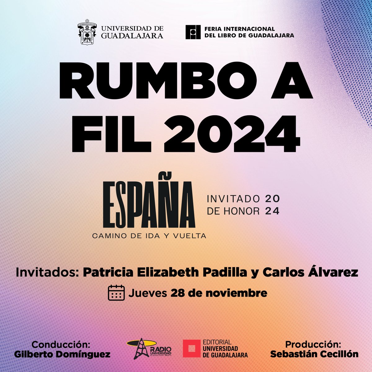 RadioUdeG's tweet photo. En nuestra nueva emisión de #RumboAFIL 🌟 conducido por Gilberto Domínguez, recibimos a Patricia Elizabeth Padilla y Carlos Álvarez, para hablar sobre #ArpaFIL, encuentro sobre arquitectura, patrimonio y arte en general que se realiza en el marco de la @FILGuadalajara.✏️

📻Sintoniza el 104.3FM