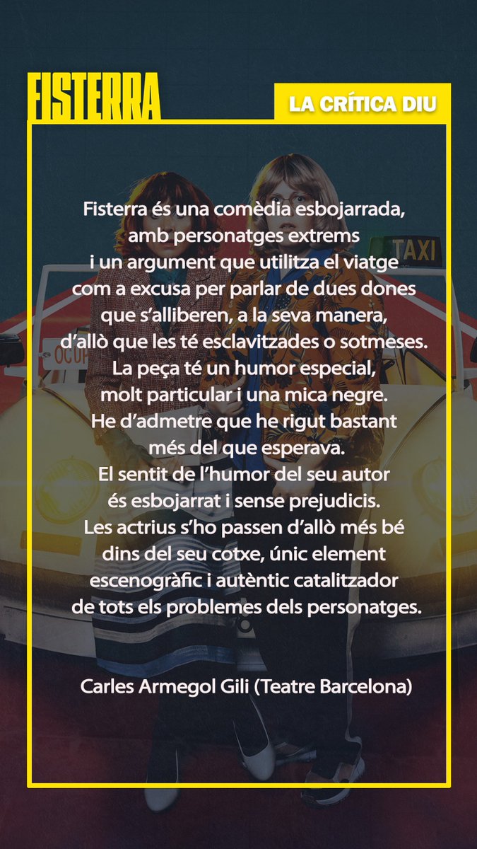 ✍️ La crítica diu: "He d’admetre que he rigut bastant més del que esperava".
Gràcies <a href="/BarcelonaTeatre/">Teatre Barcelona</a> 

Ganes de riure? Deixa't sorprendre per #Fisterra
Una comèdia delirant de <a href="/gon_ferran/">ferran.gon</a> dirigida per <a href="/ReguantXenia/">Xenia Reguant Contreras</a> amb @martatomasa1 i @gemmamart82 

🎟salaversusglories.cat