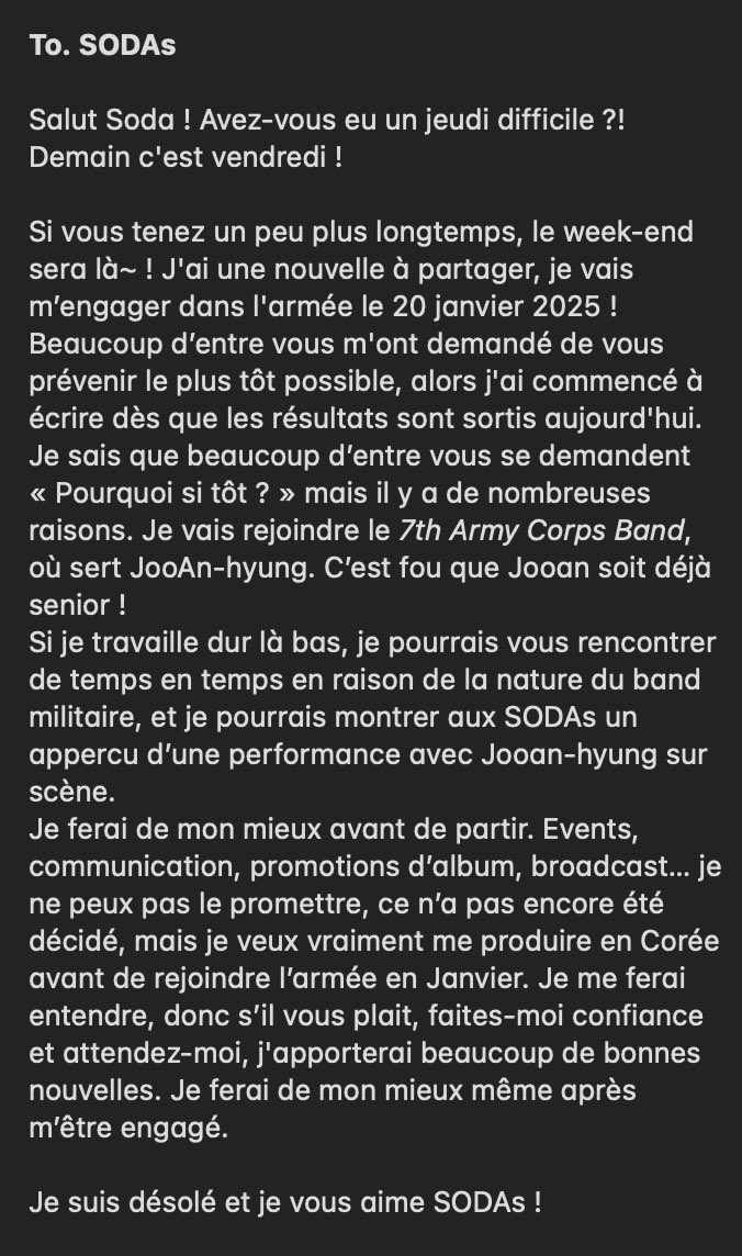 ☕️〈fancafe〉

Sunghyuk a partagé un post sur le fancafé pour annoncer son départ pour le service militaire, le 20 janvier 2025. Il servira dans le même corps d’armée que Jooan ! 

⇱ #성혁 #SungHyuk 
↳ @/seosunghyuk.826