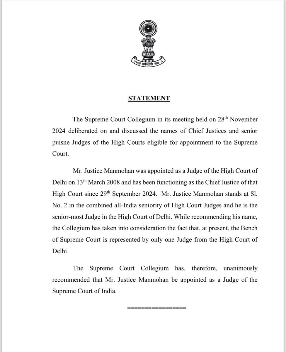 Justice Manmohan has been recommended to become puinse Judge of #SupremeCourtOfIndia
#collegium
#JUSTICE