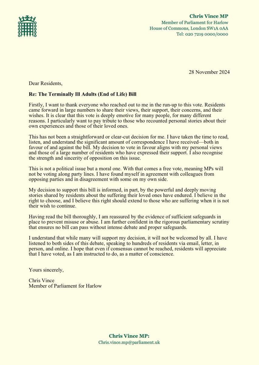 My message to residents ahead of tomorrow’s vote in Parliament on the Terminally Ill Adults (End of Life) Bill: