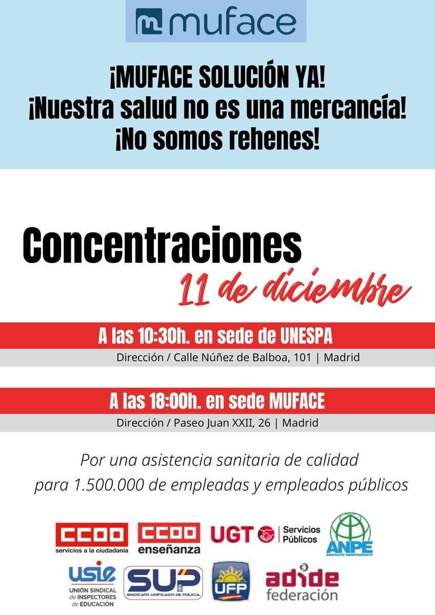 Sup_Policia's tweet photo. La #AsistenciaSanitaria para los funcionarios peligra con este Gobierno
Los #Policías no estamos dispuestos a perder los #Derechos de @mufaceoficial
Como #SindicatoMayoritario apoyamos las #Concentraciones del día 11/12
10:30 en @UNESPA
18:00 en #MUFACE https://t.co/EFe3FkF1ah