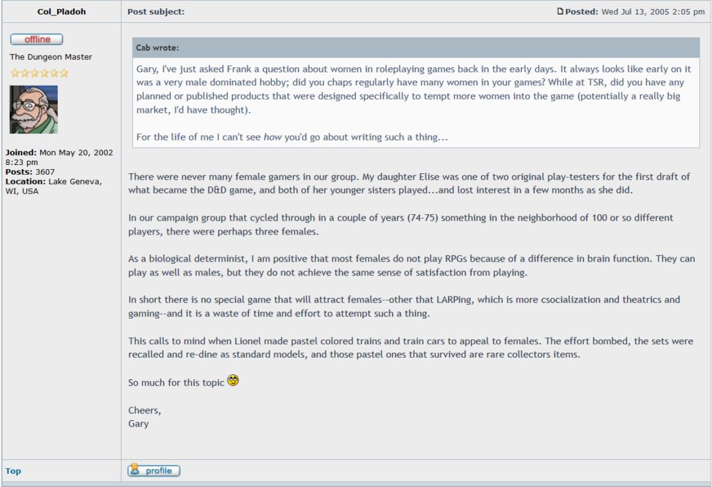 a way to reformat the question here is maybe: why is your sense of "undeniable" history mediated thru the specific frame of the celebrity cameo? what's the function of the iconography here? w the original monster manual in his hand? is one of these garys easier to defend?