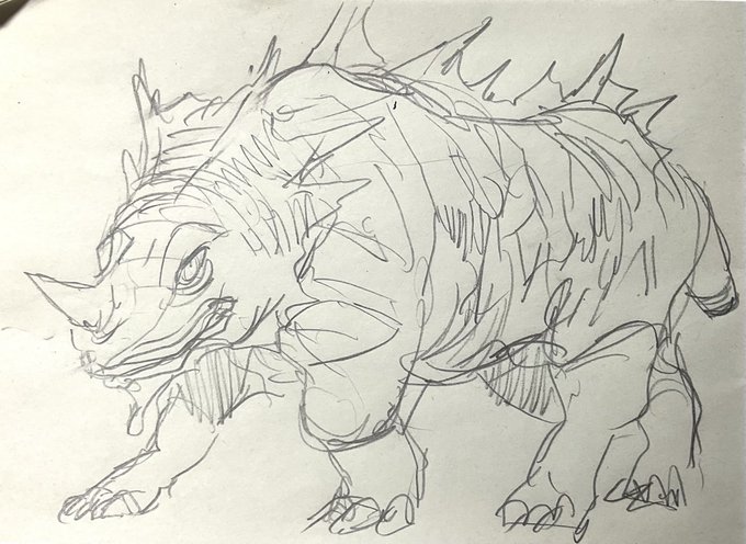 実は毎回荷馬車用の馬?のデザインは変えている。働く農耕馬は好きなので、色々描きたいのだ。今回のはちょっと爬虫類が混ざってますね。もっと色々突起やら角やらを付けたいが牽引用の装具が付けられなくなるので抑え気味に。尻尾は馬車に踏まれないように断尾してます。 