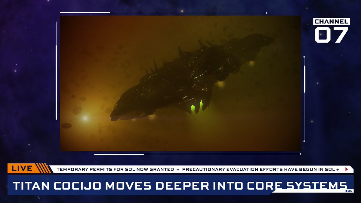 ⚠️ The last remaining Thargoid Titan, Cocijo, has unexpectedly left the Col 285 Sector BA-P c6-18 system.

📰 Temporary Sol permits have been granted to all Commanders.

🔗 elitedangerous.com/news/galnet/ti…