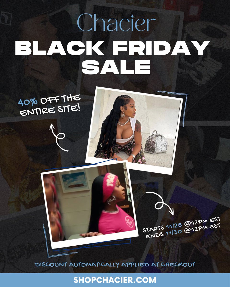 Shopchacier's tweet photo. Black Friday is HERE! 🚨🖤 Get 40% OFF your favorites for a limited time. 🩵 Don’t wait—shop now before it’s gone! 🛒✨ https://t.co/C6z7ScuOg0 ✨ https://t.co/DwP4XCJ2yI