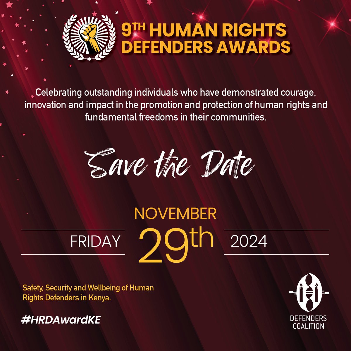 DefendersKE's tweet photo. The wait is over! The 9th Human Rights Defenders Awards are here! Join us for this momentous occasion by watching the event LIVE on our livestream at https://t.co/vuQwakNAB3 #HRDAwards2024 @denmarkinkenya https://t.co/8YEUQ2gFrZ