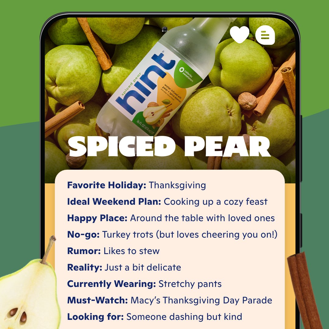 hint's tweet image. Add spice to your Thanksgiving gathering with loyal and lovely Spiced Pear. 🍐🍁🦃 RT this tweet for a chance to win a Holiday Variety Pack that includes this seasonal flavor. #HintWater 

#Giveaway ends 12/6. Winner notified via DM by 12/9. Full rules: drinkhint.com/giveaways