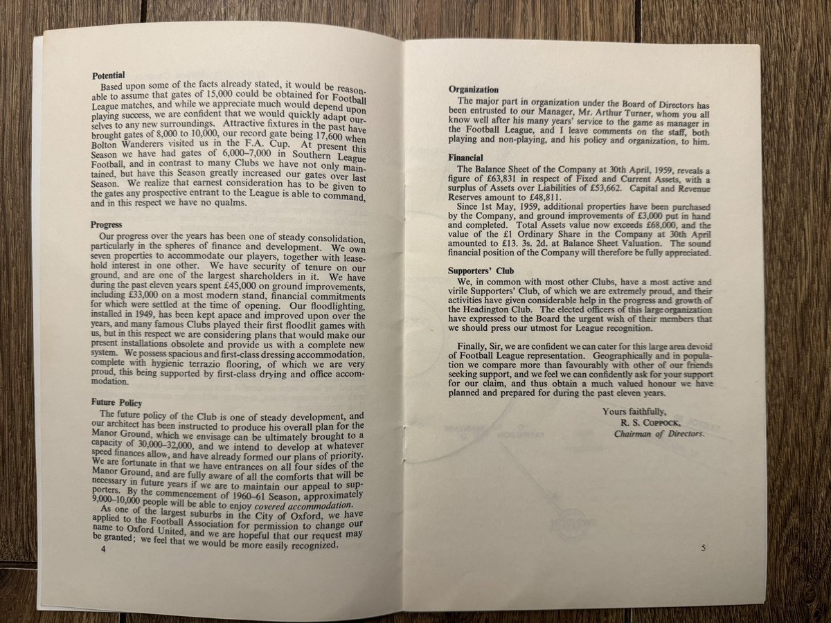 bigox_68's tweet photo. No 81 in the #90for90 tribute. Headington United continued to apply to join the Football league with no success, even though it was all success on the pitch. This is one of failed applications from 1960. Really interesting 8 page application #OUFC 💛💙 (1/2) https://t.co/jXPTDyLlPg