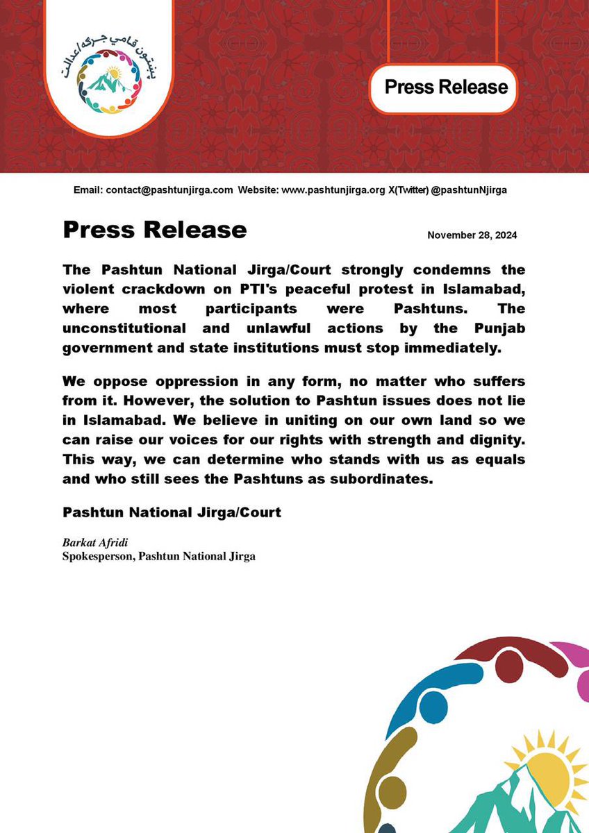 PashtunNJirga's tweet image. The Pashtun National Jirga/Court strongly condemns the violent crackdown on PTI’s peaceful protest in Islamabad, where most participants and victims were Pashtuns. The unconstitutional and unlawful actions by the Punjab government and state institutions must stop immediately.
We…