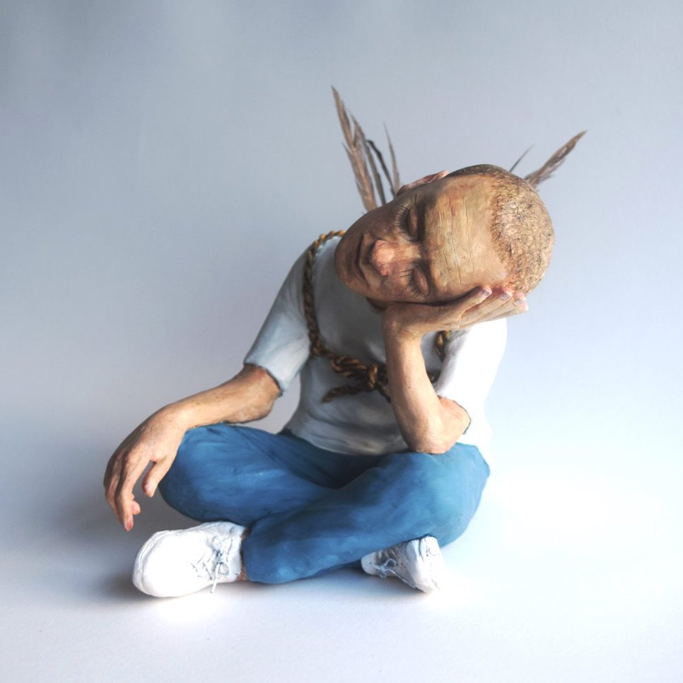 'Icarian Dreamings'(2) Fired stoneware, epoxy,wire,feathers. Wings fashioned in a dream....for change.....#ceramics #sculpture #figyrine #romanticism #homeless