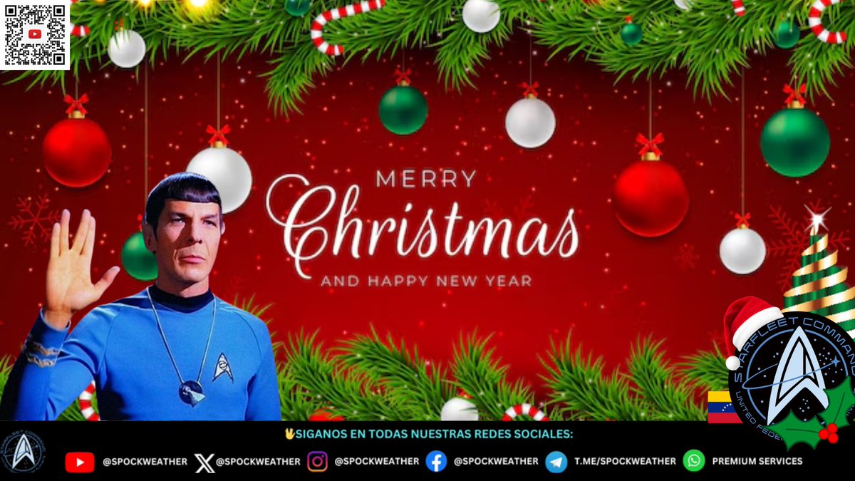 Spockplanet's tweet photo. #Trekmas | con la llegada del dรญa de Acciรณn de Gracias, se da inicio de manera oficial a la temporada navideรฑa. Mis posts tendrรกn ese modo hasta Enero de 2025 cuando vuelvan a su modo normal. De parte mรญa y de mi familia deseamos que tengan felices fiestas! Forecaster: Spock ๐๐ https://t.co/pmnoaDdVXo