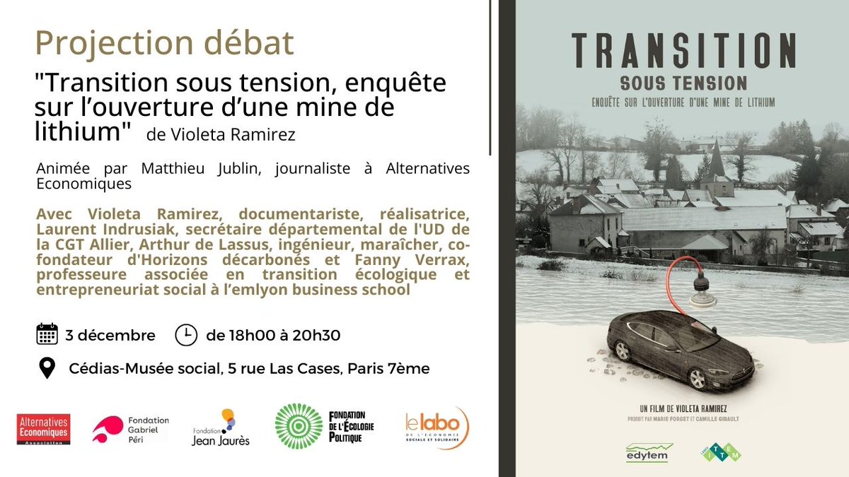 Faut-il ouvrir des mines de lithium en France? Quelles tensions génèrent ces projets?

La Fondation est partenaire de la projection-débat autour du passionant documentaire de Violeta Ramirez le 3 décembre à 18h au Cédias-Musée social. 

➡️ Inscription : fondationecolo.org/evenement/proj…