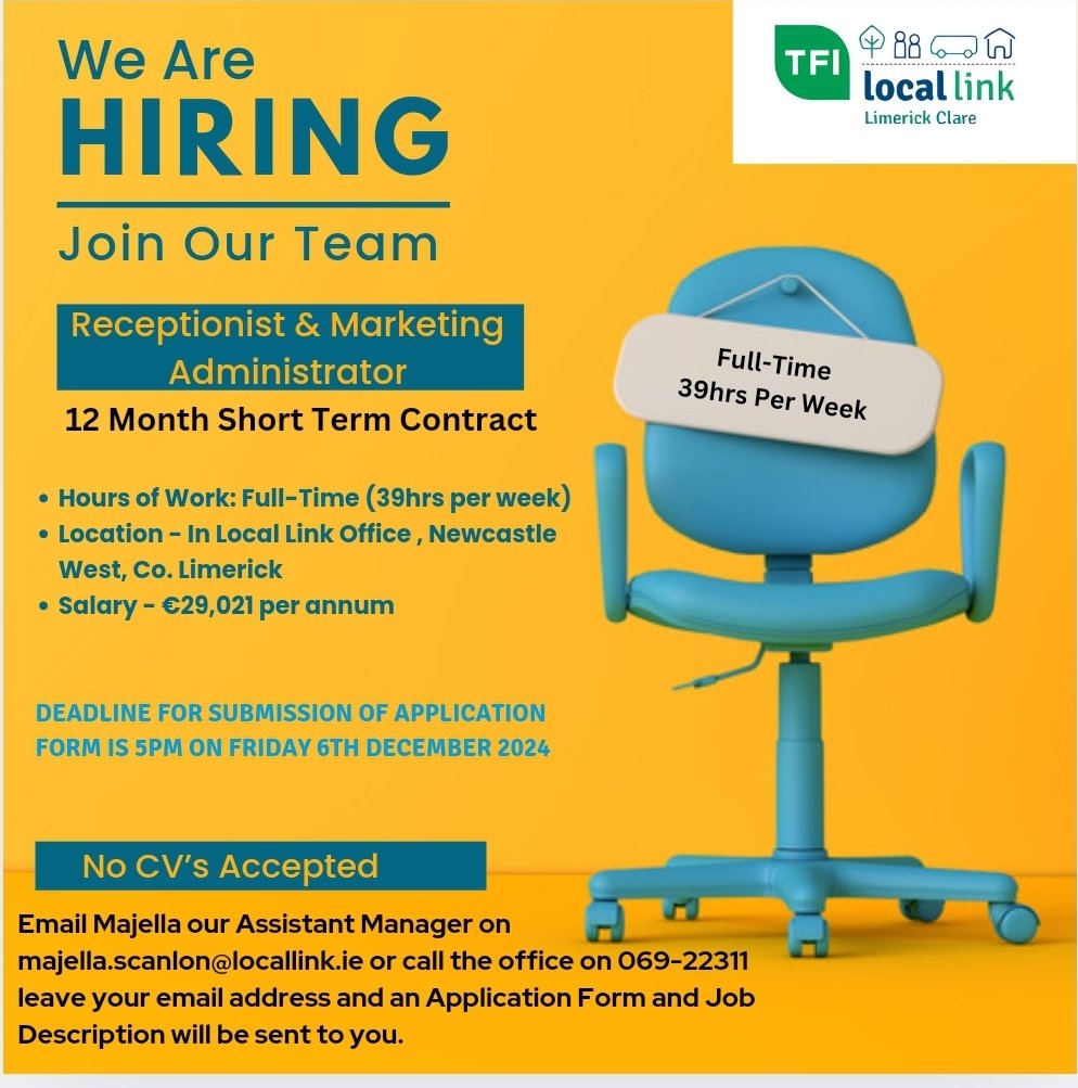 Join our Reception team in our HQ Office in Newcastle West, Co. Limerick 
Full time position - 39hrs per week.