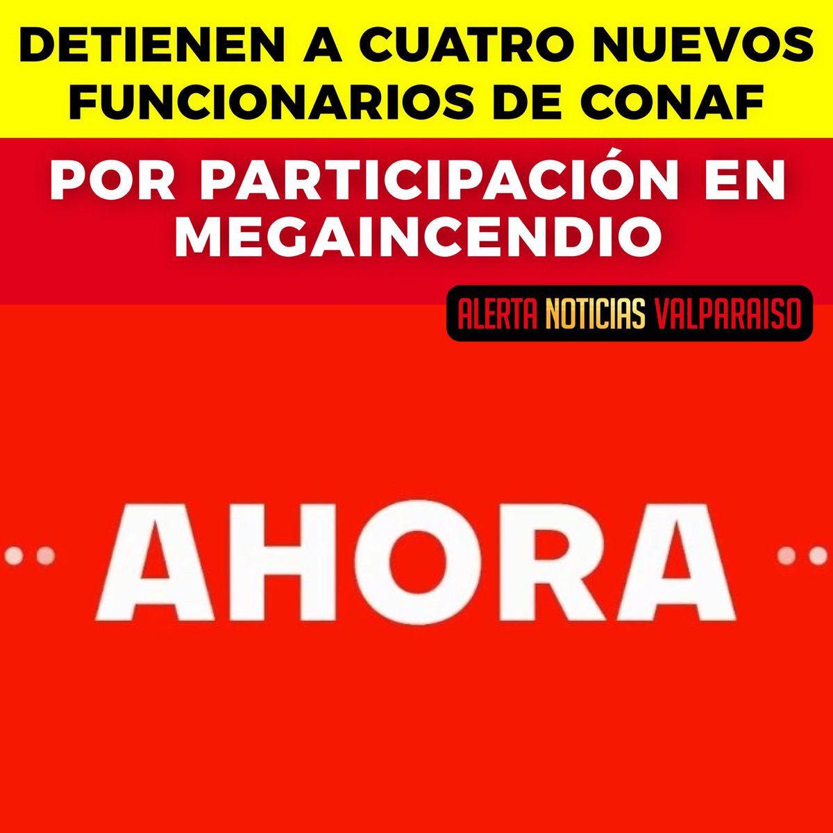 AlertaNoticiasV's tweet photo. Este jueves se confirmó la detención de cuatro funcionarios de la Corporación Nacional Forestal (Conaf), quienes estarían vinculados al devastador megaincendio ocurrido el pasado 2 de febrero en la región de Valparaíso. 

Este siniestro dejó un trágico saldo de 137 fallecidos y más de 16 mil damnificados en las comunas de Valparaíso, Viña del Mar, Quilpué y Villa Alemana.

Con estas nuevas aprehensiones, el número total de detenidos asciende a siete personas, incluyendo un miembro del Senapred, un bombero y cinco trabajadores de Conaf.

En desarrollo…