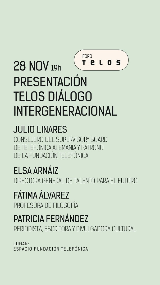 EspacioFTef's tweet photo. �� A las 19h comienza #ForoTelos. Presentamos el nuevo número de @revistatelos, dedicado al Diálogo Intergeneracional. 

Participan J. Linares, @elsaarnaizchico, F. Álvarez y P. Fernández, exploraremos cómo distintas generaciones pueden transformar juntos el futuro.

👉 Únete
https://t.co/xJ5ynjRzUT