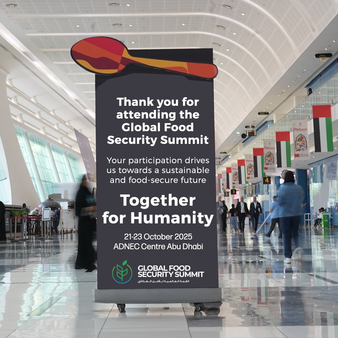 GFSSummit's tweet photo. A heartfelt thank you to everyone who joined us at the #GlobalFoodSecuritySummit. 

We look forward to seeing you next year for more sustainable solutions and strategies to ensure global food security. 🌱🌍

📅: October 21-22, 2025
📍: ADNEC Centre Abu Dhabi https://t.co/aFUsws4vAX