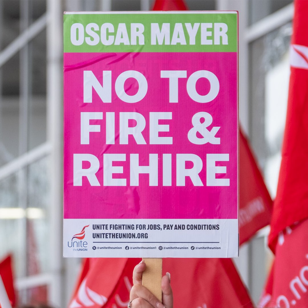 UniteWales's tweet photo. From today, our @unitetheunion members at Oscar Mayer are officially back out on strike as their dispute against fire and rehire continues.

They're standing strong and the strikes will continue until Oscar Mayer drop its abhorrent #FireAndRehire plans.

https://t.co/s3tF9yJiSW https://t.co/aY6JMoliSH