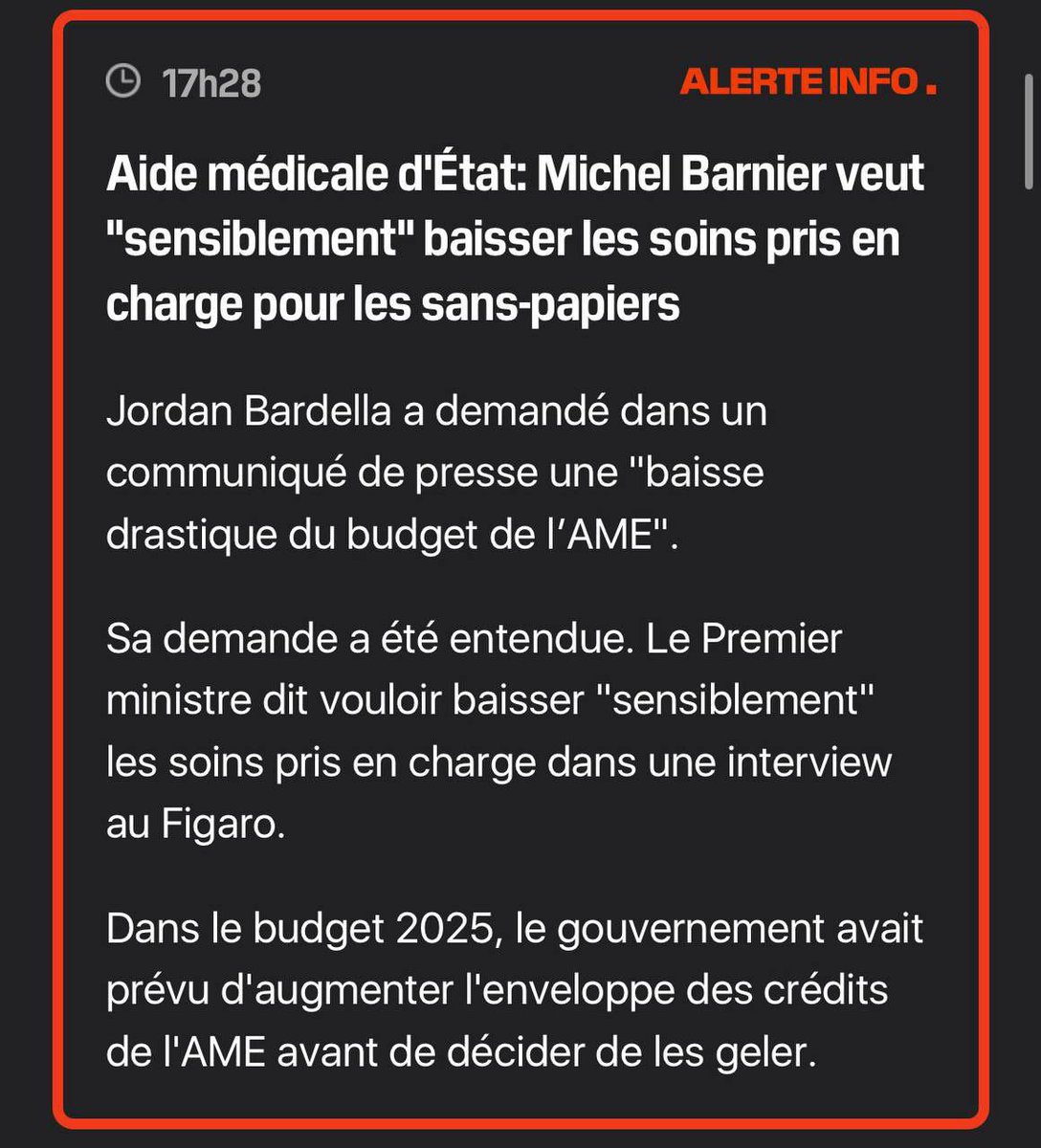 J’essaie d’être prudent avec les mots, sans abuser de propos définitifs dans les débats, mais ce qui se dessine sur l’Aide médicale d’Etat est indécent, odieux. 
Le Gvt cède au RN au mépris de toute considération de santé et d’humanité. 
La République en est donc là… 
Colère.