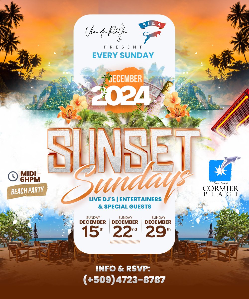 BackspinEnt's tweet photo. ❗️❗️NEW DATES❗️❗️
THE WEEKENDS YOU DESERVE by @vie.de.reve.sparkling.wine 🥂💫
Sunset Sundays Beach Party at Cormier Beach Resort @cormierplage.officiel 
Enjoy a live DJ set at the beach and refreshing drinks while contemplating the delightful sunset in Cap-Haïtien. #okap https://t.co/Li2Ao3jSI8