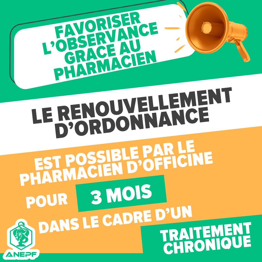 Décret publié ! 📣

Les pharmaciens peuvent  désormais renouveler à titre exceptionnel des ordonnances de traitement chronique expirées, dans la limite de 3 mois. 

Ce décrêt soutenu par l’ANEPF est une avancée importante pour les patients et pour la #pharmacie ! 🌟
