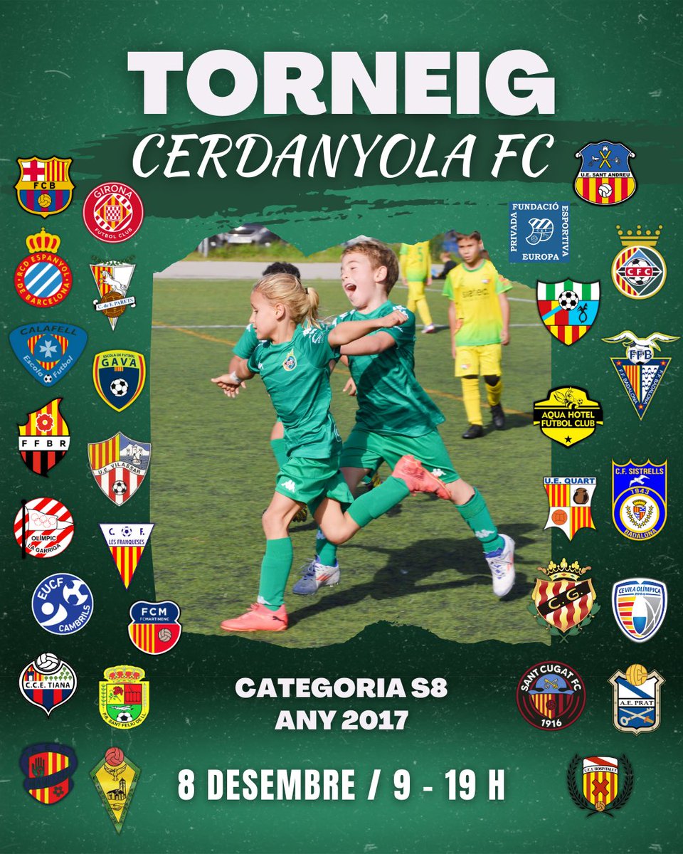 CERDANYOLAFC's tweet photo. ⚽️🏆 Pla per aquest pont de desembre? Els tornejos del Cerdanyola Futbol Club! 🤩
👉🏻 Divendres 6 de desembre - TORNEIG S9
👉🏻 Diumenge 8 de desembee - TORNEIG S8
💚 #orgullverd https://t.co/kKNO2wygVE