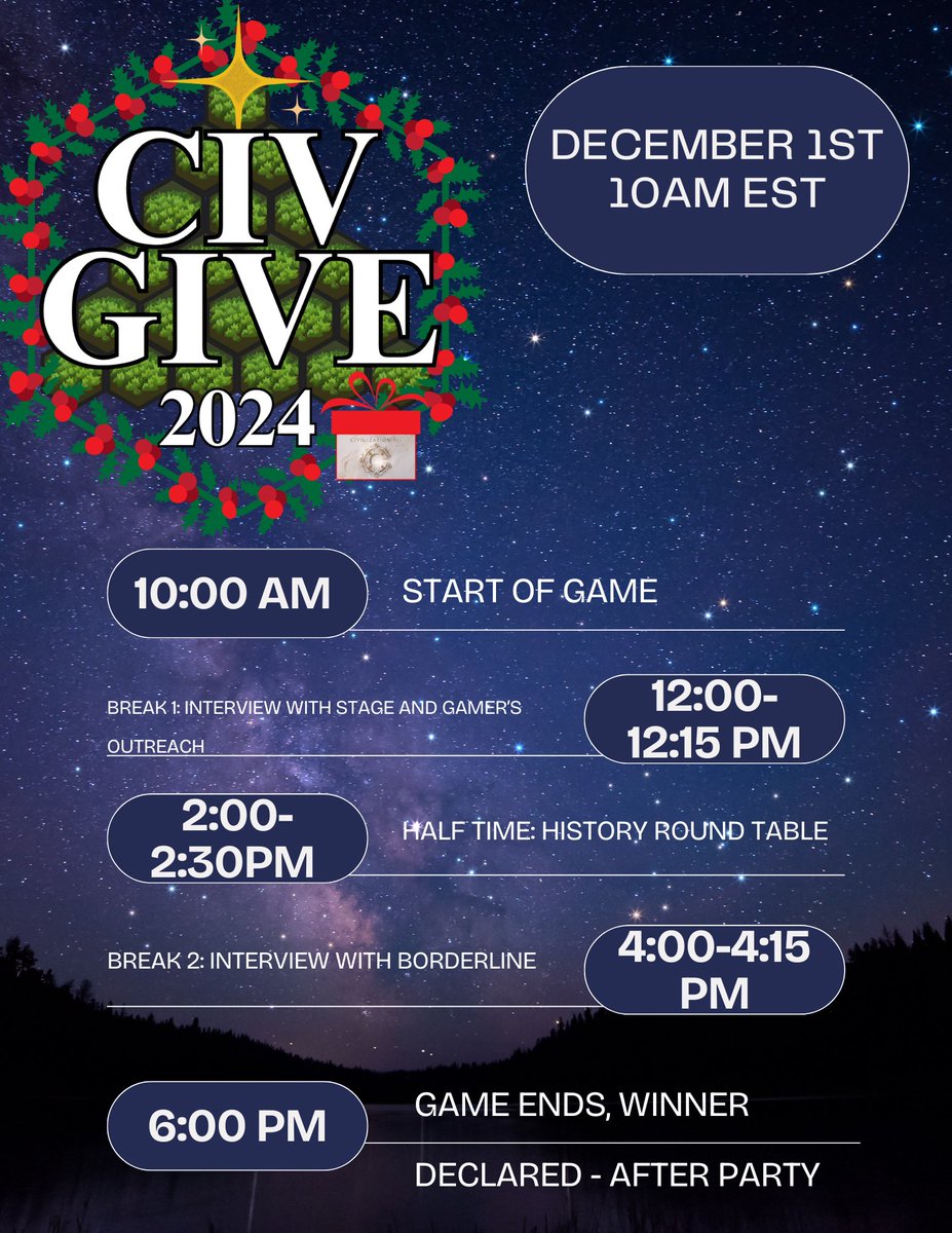 TheCivShow (@thecivshow) on Twitter photo Final schedule for Civ Give this year!
<a href="/FiraxisGames/">Firaxis Games</a> <a href="/CivGame/">Sid Meier's Civilization VII</a> <a href="/GamersOutreach/">Gamers Outreach</a> Final schedule for Civ Give this year!
<a href="/FiraxisGames/">Firaxis Games</a> <a href="/CivGame/">Sid Meier's Civilization VII</a> <a href="/GamersOutreach/">Gamers Outreach</a>