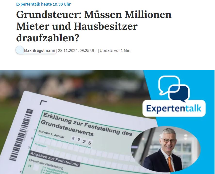 Der Ärger um die neue Grundsteuer bricht nicht ab: Welche Kosten kommen auf Mieter und Hausbesitzer wirklich zu? Gleich im Expertentalk: Kai Warnecke, Präsident des Eigentümerverbandes „Haus &amp; Grund“, Gerald Heere (Grüne), niedersächsischer Finanzminister, sowie Daniela