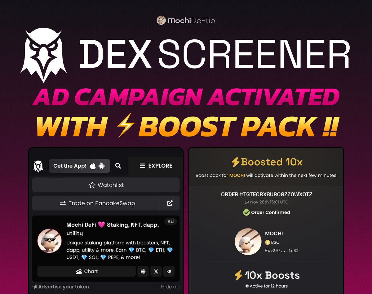 Mochi DeFi (@mochi_defi) on Twitter photo 📣 $Mochi DEX Screener Campaign Activated + ⚡️ Booster Pack!
A new marketing campaign has just been deployed on <a href="/dexscreener/">DEX Screener</a>:
⭐️ Paid Ad Campaign Activated
⭐️ 24hr Booster Pack Live
⭐️ Now Trending at #8
Great to see the immediate impact, climbing from #35 to #8 in the 📣 $Mochi DEX Screener Campaign Activated + ⚡️ Booster Pack!
A new marketing campaign has just been deployed on <a href="/dexscreener/">DEX Screener</a>:
⭐️ Paid Ad Campaign Activated
⭐️ 24hr Booster Pack Live
⭐️ Now Trending at #8
Great to see the immediate impact, climbing from #35 to #8 in the