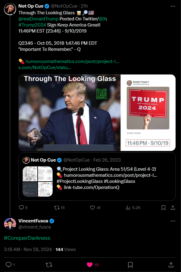 NotOpCue's tweet photo. Fusca Comms Clear
@Vincent_Fusca Comments 3 Hours Later On My Looking Glass Post "#ConquerDarkness" When Asked About Trump Assassination Attempt & Security Risks.
Meaning White Hats Knew/Know The Dark Plans Due To Looking Glass.
https://t.co/eOATBpLKhL