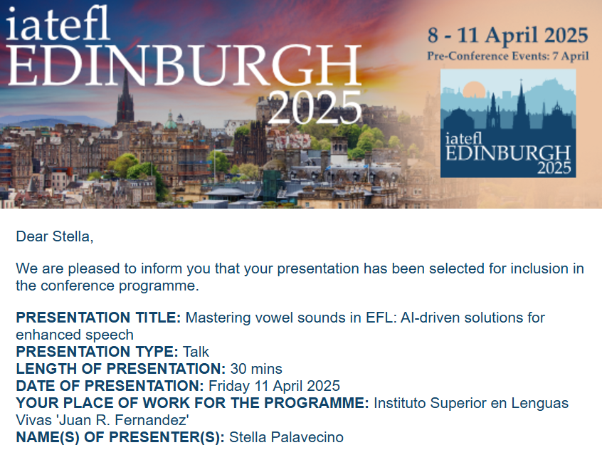 Exciting News!
I’m thrilled to share that I’ll be presenting at #iatefl2025! 
Stay tuned for updates—can’t wait to see some of you there.