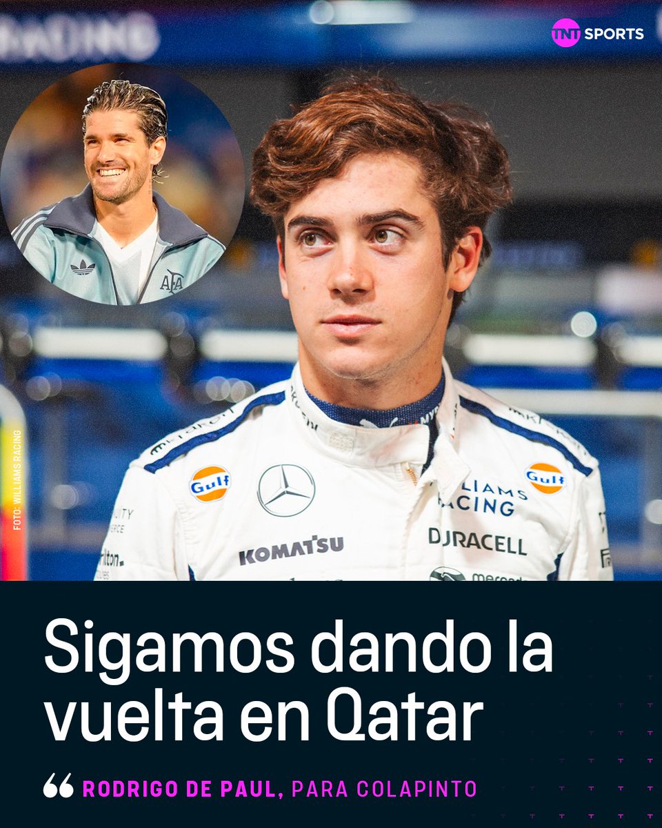 TNTSportsAR's tweet photo. "TE TOCA A VOS DAR LA VUELTA EN QATAR" 🏎️

Rodri De Paul y su mensaje de aliento para Franco Colapinto, quien este fin de semana correrá en Lusail, la misma ciudad donde la Scaloneta conquistó el Mundial de 2022. https://t.co/kiZBbJ83vS