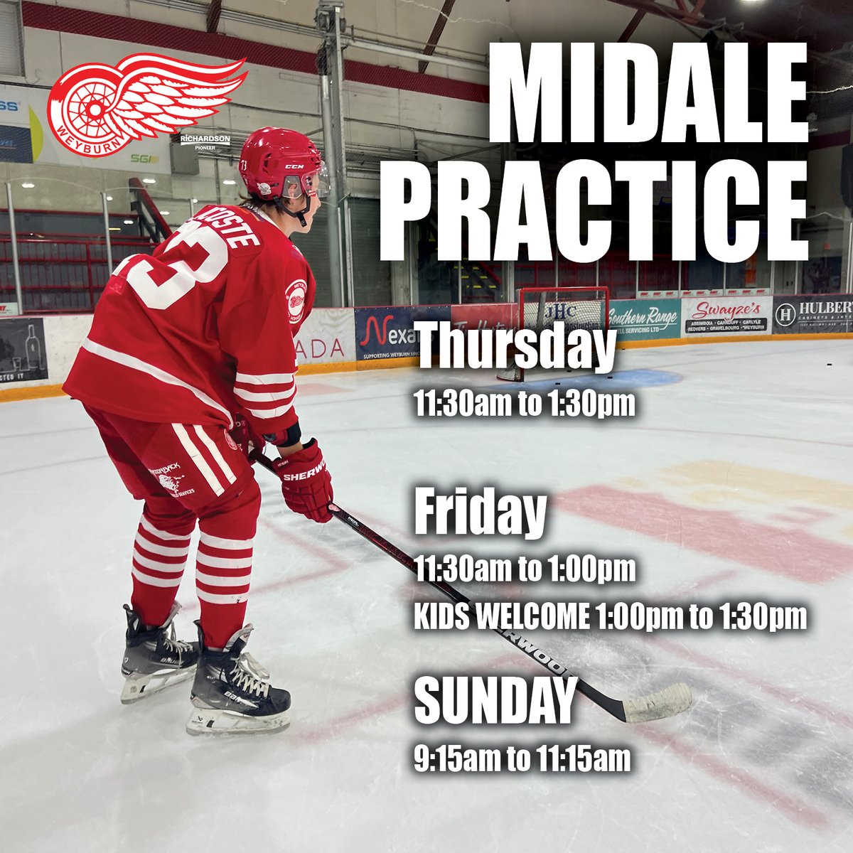 weyburnredwings's tweet photo. ATTENTION MIDALE FANS! PRACTICE BEGINS TODAY!
We will be practicing in Midale this week due to our rink being closed. Bring your kids down to the rink on Friday to join the end of practice!
#WeyburnRedWings #SJHL #Midale https://t.co/06awdwH6qs
