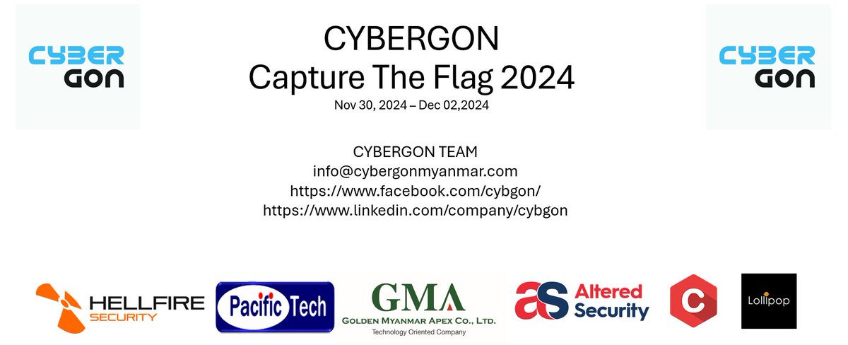 Cybergon_MM's tweet photo. CYBERGON CTF_2024 !!!

https://t.co/ynBs9Nb7fE https://t.co/iWYaprF3Tn