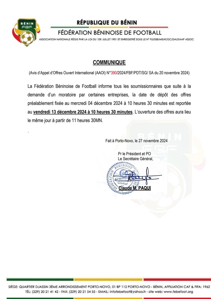 📢 Communiqué 

Suite à une demande de moratoire par certaines entreprises, la date de dépôt des offres (Avis d’Appel d’Offres Ouvert International N°390/2024/FBF/PDT/SG/SA du 20 novembre 2024) est reportée au vendredi 13 décembre 2024 à 10h30.