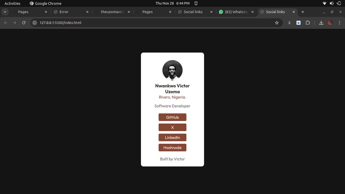 nuzoma_'s tweet image. I built and customized this social link webpage for myself.😁
Challenge by @frontendmentor.
Check out the live url here: theuzomavictor.github.io/social-links-v…
#Teleios
#FrontEnd
#WebDevelopmentBeginner