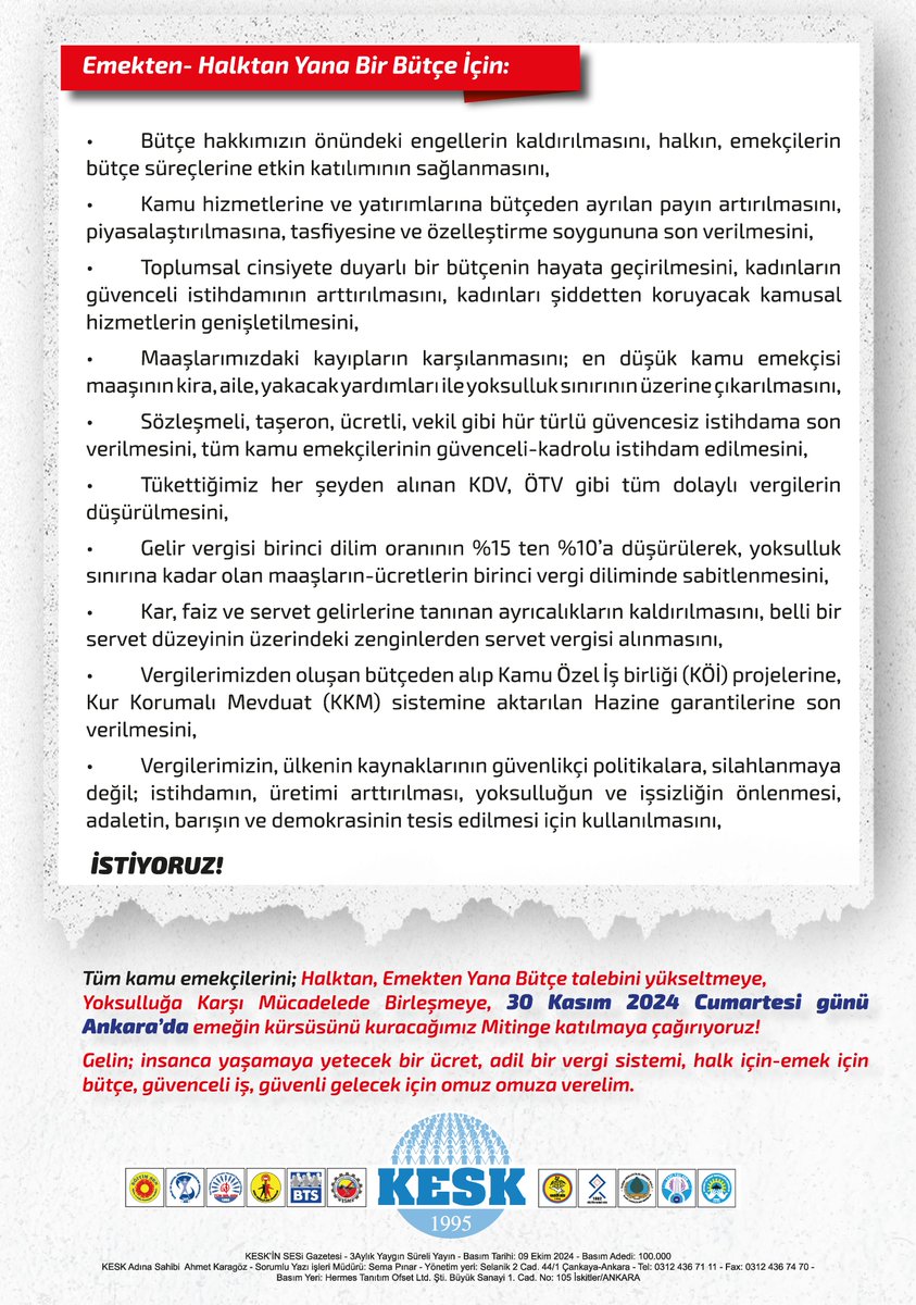 "Geçinemiyoruz! Yoksulluğa Karşı Mücadelede Birleşiyoruz! 30 Kasım Cumartesi Saat : 13:00'te  Tandoğan'da emeğiyle geçinen bütün kesimleri, emeğin kürsüsünü kuracağımız Mitinge katılmaya çağırıyoruz!  #GeçinemiyoruzAnkaradayız